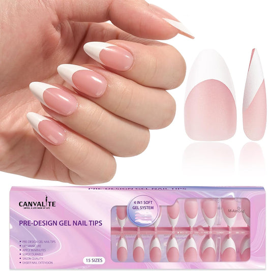 French Tip Press-On Gel Nail Tips - 300 Pre-Colored Almond Shaped Fake Nails with Designs for DIY Nail Extensions, Ideal Valentine's Day Gift, Pink and White